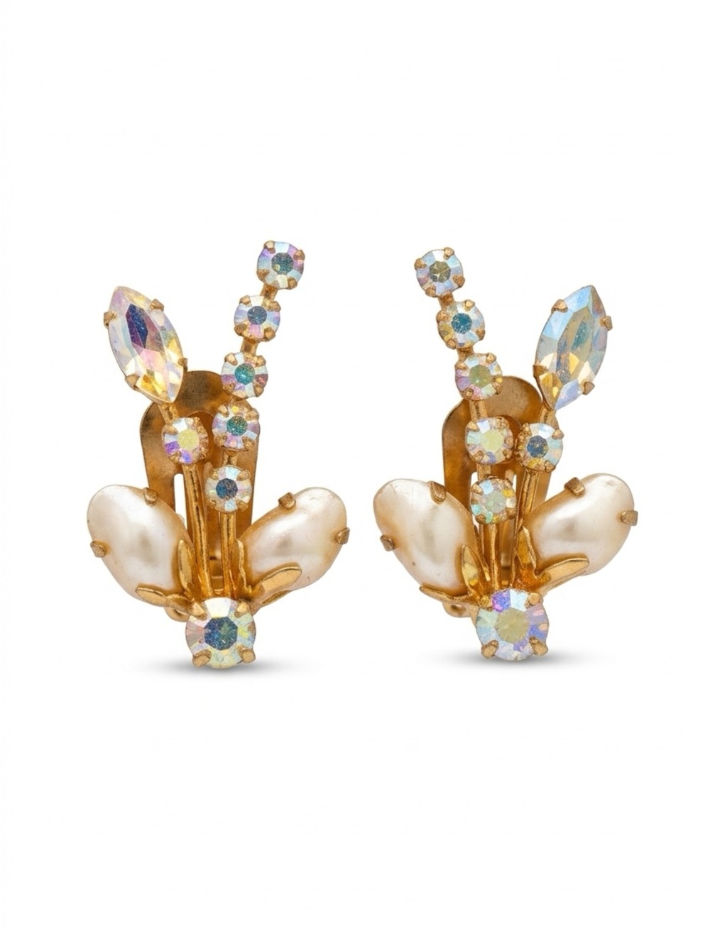 Vintage AB Gold Floral Pearl and Aurora Crystal Clip-On Earrings